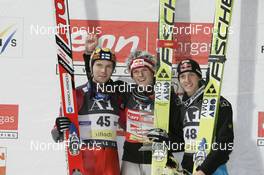 13.12.2007, Villach, Austria (AUT): winner l-r: Janne Ahonen (FIN), Thomas Morgenstern (AUT), Gregor Schlierenzauer (AUT)  - FIS world cup ski jumping, individual HS98, Villach (AUT). www.nordicfocus.com. c Furtner/NordicFocus. Every downloaded picture is fee-liable.