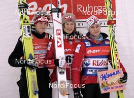 13.01.2008, Val di Fiemme, Italy (ITA): l-r:  Thomas Morgenstern (AUT),Tom Hilde (NOR), Anders Jacobsen (NOR), - FIS world cup ski jumping, individual HS134, Val di Fiemme (ITA). www.nordicfocus.com. c Felgenhauer/NordicFocus. Every downloaded picture is fee-liable.