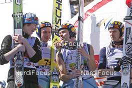 15.03.2008, Planica, Slovakia (SLO): 2nd place FIN l-r: Janne Happonen, Jussi Hautamaeki, Matti Hautamaeki, Janne Ahonen - FIS world ski jumping, team HS215, Planica (SLO). www.nordicfocus.com. c Furtner/NordicFocus. Every downloaded picture is fee-liable.