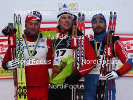 13.12.2009, Davos, Switzerland (SUI): podium, l-r Petter Northug (NOR), Fischer, Rottefella, Alpina, Ski Go, Swix, Jon Kristian Dahl (NOR), Madshus, Rottefella, Alpina, Swix, Alexei Petukhov (RUS), Madshus, Swix - FIS world cup cross-country, individual sprint, Davos (SUI). www.nordicfocus.com. © Hemmersbach/NordicFocus. Every downloaded picture is fee-liable.