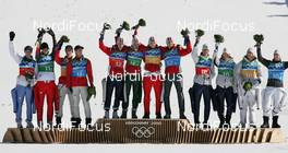 22.02.2010, Whistler, Canada (CAN):l-r:Michael Neumayer (GER), Atomic, Andreas Wank (GER), Martin Schmitt (GER), Atomic, Michael Uhrmann (GER), Fischer, Wolfgang Loitzl (AUT), Atomic, Andreas Kofler (AUT), Fischer, Thomas Morgenstern (AUT), Fischer, Gregor Schlierenzauer (AUT), Fischer, Anders Bardal (NOR), Tom Hilde (NOR), Atomic, Johan Remen Evensen (NOR), Atomic, Anders Jacobsen (NOR), Fischer  - Olympic Winter Games Vancouver 2010, ski jumping, team HS140, Whistler (CAN). www.nordicfocus.com. © NordicFocus. Every downloaded picture is fee-liable.