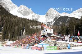 22.01.2011, Antholz, Italy (ITA): Biathlon Feature: Grand stand with beautiful mountain scene - IBU world cup biathlon, relay women, Antholz (ITA). www.nordicfocus.com. © Manzoni/NordicFocus. Every downloaded picture is fee-liable.
