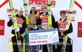 06.02.2011, Oberstdorf, Germany (GER): team tour overall winner, team Austria (l-r) Andreas Kofler (AUT), Fischer, Martin Koch (AUT), Fischer, Thomas Morgenstern (AUT), Fischer and Gregor Schlierenzauer (AUT), Fischer   - FIS world cup ski jumping, team HS213, Oberstdorf (GER). www.nordicfocus.com. © Laiho/NordicFocus. Every downloaded picture is fee-liable.