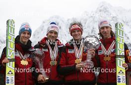 20.03.2011, Planica, Slovenia (SLO): Autrian Ski Jumping Team, Oslo Medal Winners, l-r: Gregor Schlierenzauer (AUT), Fischer, Andreas Kofler (AUT), Fischer, Thomas Morgenstern (AUT), Fischer, Martin Koch (AUT), Fischer  - FIS world cup ski jumping final, cups, Planica (SLO). www.nordicfocus.com. © Hemmersbach/NordicFocus. Every downloaded picture is fee-liable.