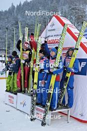 26.11.2011, Kuusamo, Finland (FIN): l-r: Japan, Austria, Russia - FIS world cup ski jumping, team HS142, Kuusamo (FIN). www.nordicfocus.com. © Felgenhauer/NordicFocus. Every downloaded picture is fee-liable.