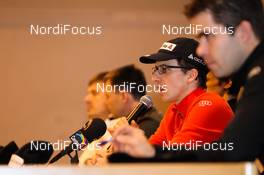 16.12.2011, Engelberg, Switzerland (SUI): the press conference of swiss ski team, Simon Ammann (SUI), Fischer  - FIS world cup ski jumping, training, Engelberg (SUI). www.nordicfocus.com. Â© Laiho/NordicFocus. Every downloaded picture is fee-liable.