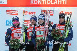 10.02.2012, Kontiolahti, Finland (FIN): L-R: Anais Bescond (FRA), Madshus, Rottefella, Swix, OneWay, Jean Guillaume Beatrix (FRA), Rossignol, Rottefella, One Way, Odlo, Sofie Boilley (FRA), Rossignol, Rottefella, OneWay, Vincent Jay (FRA), Fischer, Rottefella, OneWay - IBU world cup biathlon, relay mixed, Kontiolahti (FIN). www.nordicfocus.com. © Manzoni/NordicFocus. Every downloaded picture is fee-liable.