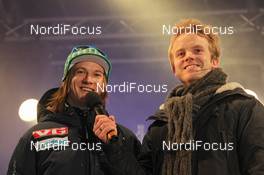 23.02.2012, Vikersund, Norway (NOR): l-r: Tom Hilde (NOR), Fischer and the speaker - FIS world championship ski flying, Opening Ceremony, Vikersund (NOR). www.nordicfocus.com. © Hemmersbach/NordicFocus. Every downloaded picture is fee-liable.