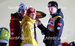 03.03.2012, Lahti, Finland (FIN):  (l-r) Gregor Schlierenzauer (AUT), Fischer, Thomas Morgenstern (AUT), Fischer and Martin Koch (AUT), Fischer - FIS world cup ski jumping, team HS130, Lahti (FIN). www.nordicfocus.com. Â© Laiho/NordicFocus. Every downloaded picture is fee-liable.