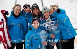 09.03.2012, Oslo, Norway (NOR): overall team world cup winner 2011/2012, team USA (l-r) Lindsey Van, Alissa Johnson, Jessica Jerome, Abby Hughes (front), Sarah Hendrickson and Nancy Hendrickson  - FIS world cup ski jumping ladies, individual HS106, Oslo (NOR). www.nordicfocus.com. Â© Laiho/NordicFocus. Every downloaded picture is fee-liable.