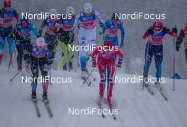 08.12.2013, Lillehammer, Norway (NOR): group of skiers after the start - FIS world cup cross-country, 4x5km women, Lillehammer (NOR). www.nordicfocus.com. © Laiho/NordicFocus. Every downloaded picture is fee-liable.