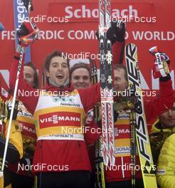 05.01.2013, Schonach, Germany (GER): podium. l-r: Mikko Kokslien (NOR), Fischer, Swix, Rottefella,  Magnus Moan (NOR), Madshus, Rottefella, Swix, Joergen Graabak (NOR), Fischer, Haavard Klemetsen (NOR), Fischer, Swix, Alpina, Rottefella - FIS world cup nordic combined, team HS106/4x5km, Schonach (GER). www.nordicfocus.com. © Domanski/NordicFocus. Every downloaded picture is fee-liable.