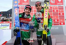 01.01.2013, Garmisch, Germany (GER): (l-r) Anders Jacobsen (NOR), Fluege.de and Anders Bardal (NOR), Fischer  - FIS world cup ski jumping, four hills tournament, individual HS140, Garmisch (GER). www.nordicfocus.com. © Laiho/NordicFocus. Every downloaded picture is fee-liable.