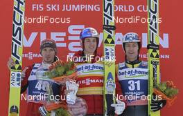 03.02.2013, Harrachov, Czech Republic (CZE): Robert Kranjec (SLO), Fischer podium,l-r: Gregor Schlierenzauer (AUT), Fischer, Jan Matura (CZE), Fischer  - FIS world cup ski flying, individual HS205, Harrachov (CZE). www.nordicfocus.com. © Domanski/NordicFocus. Every downloaded picture is fee-liable.