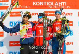 16.03.2014, Kontiolahti, Finland (FIN): (l-r) Martin Fourcade (FRA), Rossignol, One Way, Rottefella, Johannes Thingnes Boe (NOR), Fischer, Rottefella, Swix, Odlo, Alpina and Bjoern Ferry (SWE), Fischer, Rottefella, Leki, adidas - IBU world cup biathlon, pursuit men, Kontiolahti (FIN). www.nordicfocus.com. © Laiho/NordicFocus. Every downloaded picture is fee-liable.