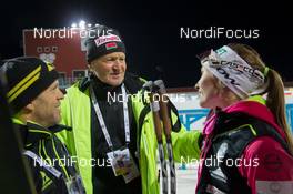 06.12.2014, Oestersund, Sweden (SWE): Michael Grossegger (AUT), Alfred Eder (AUT) coach Team Belarus, Darya Domracheva (BLR) - IBU world cup biathlon, sprint women, Oestersund (SWE). www.nordicfocus.com. © Manzoni/NordicFocus. Every downloaded picture is fee-liable.