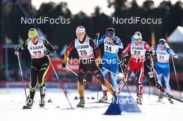 16.03.2014, Falun, Sweden (SWE): Anouk Faivre Picon (FRA), Katrin Zeller (GER), Aino-Kaisa Saarinen (FIN), Maiken Caspersen Falla (NOR), Anne Kylloenen (FIN), (l-r) - FIS world cup cross-country, 10km women handicap start, Falun (SWE). www.nordicfocus.com. © Felgenhauer/NordicFocus. Every downloaded picture is fee-liable.