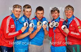 14.03.2014, Sochi, Russia (RUS): Nikita Kriukov (RUS), Alexander Bessmertnykh (RUS), Alexander Legkov (RUS), Maxim Vylegzhanin (RUS), Dmitriy Japarov (RUS), (l-r) - XXII. Olympic Winter Games Sochi 2014, cross-country, medals, Sochi (RUS). www.nordicfocus.com. © NordicFocus. Every downloaded picture is fee-liable.