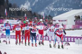 09.02.2014, Sochi, Russia (RUS): Martin Johnsrud Sundby (NOR), Jean Marc Gaillard (FRA), Maxim Vylegzhanin (RUS), Pauline Caprini (FRA), Dario Cologna (SUI), Dario Cologna (SUI) - XXII. Olympic Winter Games Sochi 2014, cross-country, skiathlon men, Sochi (RUS). www.nordicfocus.com. © NordicFocus. Every downloaded picture is fee-liable.