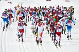 09.02.2014, Sochi, Russia (RUS): Sjur Roethe (NOR), Alex Harvey (CAN), Martin Johnsrud Sundby (NOR), Sami Jauhojaervi (FIN), (l-r), leads at the men's start - XXII. Olympic Winter Games Sochi 2014, cross-country, skiathlon men, Sochi (RUS). www.nordicfocus.com. © NordicFocus. Every downloaded picture is fee-liable.