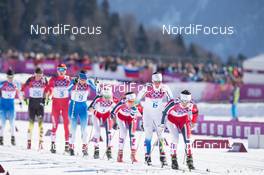 08.02.2014, Sochi, Russia (RUS): Marit Bjoergen (NOR), Charlotte Kalla (SWE), Heidi Weng (NOR), Therese Johaug (NOR), Aino Kaisa Saarinen (FIN) - XXII. Olympic Winter Games Sochi 2014, cross-country, skiathlon women, Sochi (RUS). www.nordicfocus.com. © NordicFocus. Every downloaded picture is fee-liable.