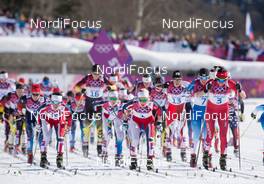 08.02.2014, Sochi, Russia (RUS): Heidi Weng (NOR), Marit Bjoergen (NOR), Therese Johaug (NOR), Justyna Kowalczyk (POL), Kerttu Niskanen (FIN) - XXII. Olympic Winter Games Sochi 2014, cross-country, skiathlon women, Sochi (RUS). www.nordicfocus.com. © NordicFocus. Every downloaded picture is fee-liable.