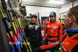 28.11.2014, Ruka, Finland (FIN): Salomon feature in a wax cabin with Jean Marc Gaillard (FRA), Salomon, Swix, One Way and Maurice Manificat (FRA), Salomon, Swix, One Way - FIS world cup cross-country, training, Ruka (FIN). www.nordicfocus.com. © Laiho/NordicFocus. Every downloaded picture is fee-liable.