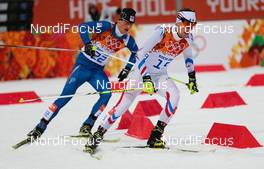 18.02.2014, Sochi, Russia (RUS): (l-r) Miroslav Dvorak (CZE), Fischer, Swix, Salomon and Francois Braud (FRA), Fischer, One Way, Rottefella - XXII. Olympic Winter Games Sochi 2014, nordic combined, individual gundersen HS140/10km, Sochi (RUS). www.nordicfocus.com. © NordicFocus. Every downloaded picture is fee-liable.