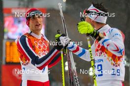 18.02.2014, Sochi, Russia (RUS): (l-r) Magnus Moan (NOR), Madshus, Rottefella, Swix and Francois Braud (FRA), Fischer, One Way, Rottefella - XXII. Olympic Winter Games Sochi 2014, nordic combined, individual gundersen HS140/10km, Sochi (RUS). www.nordicfocus.com. © NordicFocus. Every downloaded picture is fee-liable.