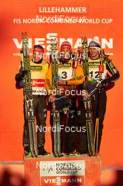 06.12.2014, Lillehammer, Norway (NOR): Fabian Riessle (GER), Eric Frenzel (GER), Jan Schmid (NOR), (l-r) - FIS world cup nordic combined, individual gundersen HS100/10km, Lillehammer (NOR). www.nordicfocus.com. © Felgenhauer/NordicFocus. Every downloaded picture is fee-liable.
