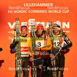 06.12.2014, Lillehammer, Norway (NOR): Fabian Riessle (GER), Eric Frenzel (GER), Jan Schmid (NOR), (l-r) - FIS world cup nordic combined, individual gundersen HS100/10km, Lillehammer (NOR). www.nordicfocus.com. © Felgenhauer/NordicFocus. Every downloaded picture is fee-liable.