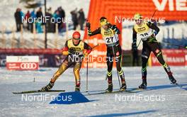 06.12.2014, Lillehammer, Norway (NOR): Manuel Faisst (GER), Maxime Laheurte (FRA), Sebastien Lacroix (FRA), (l-r)  - FIS world cup nordic combined, individual gundersen HS100/10km, Lillehammer (NOR). www.nordicfocus.com. © Felgenhauer/NordicFocus. Every downloaded picture is fee-liable.