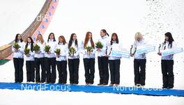 22.03.2014, Planica, Slovenia (SLO): a lot of girls with flowers - FIS world cup ski jumping, team HS139, Planica (SLO). www.nordicfocus.com. © Felgenhauer/NordicFocus. Every downloaded picture is fee-liable.