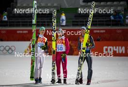 09.02.2014, Sochi, Russia (RUS): (l-r) Peter Prevc (SLO), Kamil Stoch (POL), Fischer and Anders Bardal (NOR), Fischer - XXII. Olympic Winter Games Sochi 2014, ski jumping, individual HS106, Sochi (RUS). www.nordicfocus.com. © NordicFocus. Every downloaded picture is fee-liable.