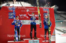 06.12.2014, Lillehammer, Norway (NOR): Anders Fannemel (NOR), Gregor Schlierenzauer (AUT), Michael Hayboeck (AUT), (l-r) - FIS world cup ski jumping, individual HS138, Lillehammer (NOR). www.nordicfocus.com. © Felgenhauer/NordicFocus. Every downloaded picture is fee-liable.