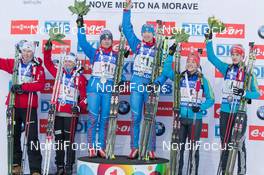 06.02.2015, Nove Mesto, Czech Republic (CZE): Henrik l'Abee-Lund (NOR), Marte Olsbu (NOR), Iana Romanova (RUS), Alexey Volkov (RUS), Juliya Dzhyma (UKR), Artem Tyshchenko (UKR) - IBU world cup biathlon, single mixed relay, Nove Mesto (CZE). www.nordicfocus.com. © Manzoni/NordicFocus. Every downloaded picture is fee-liable.