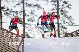 15.03.2015, Kontiolahti, Finland (FIN): Michael Roesch (BEL), Serhiy Semenov (UKR), Arnd Peiffer (GER), (l-r) - IBU world championships biathlon, mass men, Kontiolahti (FIN). www.nordicfocus.com. © NordicFocus. Every downloaded picture is fee-liable.