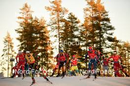 15.03.2015, Kontiolahti, Finland (FIN): FAK Jakov (SLO), MORAVEC Ondrej (CZE), BOE Tarjei (NOR), BJOERNDALEN Ole Einar (NOR), SLESINGR Michal (CZE), BOE Johannes Thingnes (NOK), LESSER Erik (GER) - IBU world championships biathlon, mass men, Kontiolahti (FIN). www.nordicfocus.com. © Evgeny Tumashov / NordicFocus. Every downloaded picture is fee-liable.