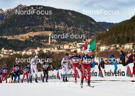 10.01.2015, Val di Fiemme, Italy (ITA): Eldar Roenning (NOR), Evgeniy Belov (RUS), Simen Andreas Sveen (NOR), Daniel Richardsson (SWE), Dario Cologna (SUI), Calle Halfvarsson (SWE), Niklas Dyrhaug (NOR), Martin Johnsrud Sundby (NOR), (l-r)  - FIS world cup cross-country, tour de ski, mass men, Val di Fiemme (ITA). www.nordicfocus.com. © Felgenhauer/NordicFocus. Every downloaded picture is fee-liable.