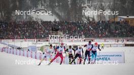 24.01.2015, Rybinsk, Russia (RUS): (l-r) Alex Harvey (CAN), Fischer, Swix, Salomon, One Way, Sindre Bjoernestad Skar (NOR), Fischer, Swix, Paul Goalabre (FRA), Andrew Newell (USA), Fischer, Swix, Simeon Hamilton (USA), Fischer, Swix and Nikita Kriukov (RUS), Rossignol, Swix, Rottefella, Adidas - FIS world cup cross-country, individual sprint, Rybinsk (RUS). www.nordicfocus.com. © Laiho/NordicFocus. Every downloaded picture is fee-liable.