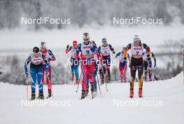 25.01.2015, Rybinsk, Russia (RUS): (l-r) Kerttu Niskanen (FIN), Fischer, Yoko, Rottefella, Astrid Uhrenholdt Jacobsen (NOR) Rossignol, Rottefella and Stefanie Boehler (GER), Rossignol, Swix, Alpina, Rottefella, Adidas - FIS world cup cross-country, skiathlon women, Rybinsk (RUS). www.nordicfocus.com. © Laiho/NordicFocus. Every downloaded picture is fee-liable.