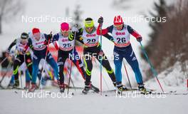 25.01.2015, Rybinsk, Russia (RUS): Marina Chernousova (RUS) followed by Anouk Faivre Picon (FRA), Madshus, Swix, One Way and Rosie Brennan (USA), Rossignol - FIS world cup cross-country, skiathlon women, Rybinsk (RUS). www.nordicfocus.com. © Laiho/NordicFocus. Every downloaded picture is fee-liable.