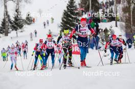 25.01.2015, Rybinsk, Russia (RUS): Anastasia Dotsenko (RUS), Fischer, Swix, Alpina, Rottefella, Adidas followed by Anouk Faivre Picon (FRA), Madshus, Swix, One Way - FIS world cup cross-country, skiathlon women, Rybinsk (RUS). www.nordicfocus.com. © Laiho/NordicFocus. Every downloaded picture is fee-liable.