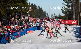 14.03.2015, Oslo, Norway (NOR): (l-r) Evgeniy Belov (RUS), Fischer, Swix, Alpina, Rottefella, Adidas, Dario Cologna (SUI), Fischer, One Way, Rottefella, Odlo, Martin Jonsrud Sundby (NOR), Fischer, KV+, Rottefella, Robin Duvillard (FRA), Rossignol, One Way and Maurice Manificat (FRA), Salomon, Swix, One Way - FIS world cup cross-country, mass men, Oslo (NOR). www.nordicfocus.com. © Laiho/NordicFocus. Every downloaded picture is fee-liable.