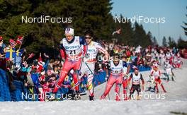 14.03.2015, Oslo, Norway (NOR): Sjur Roethe (NOR), Fischer, KV+, Salomon followed by Alex Harvey (CAN), Fischer, Swix, Salomon, One Way and Petter Northug (NOR), Fischer, Swix, Rottefella - FIS world cup cross-country, mass men, Oslo (NOR). www.nordicfocus.com. © Laiho/NordicFocus. Every downloaded picture is fee-liable.