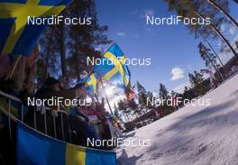 22.02.2015, Falun, Sweden (SWE): Swedish Falgs with skiers at the back - FIS nordic world ski championships, cross-country, team sprint, Falun (SWE). www.nordicfocus.com. © NordicFocus. Every downloaded picture is fee-liable.