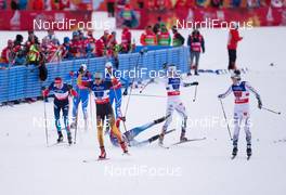22.02.2015, Falun, Sweden (SWE): Nikita Kriukov (RUS), Tim Tscharnke (GER), Alexey Petukhov (RUS), Calle Halfvarsson (SWE), Teodor Peterson (SWE), (l-r)  - FIS nordic world ski championships, cross-country, team sprint, Falun (SWE). www.nordicfocus.com. © NordicFocus. Every downloaded picture is fee-liable.