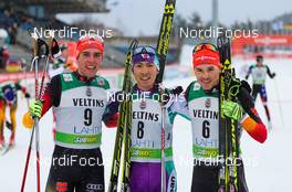 06.03.2015, Lahti, Finland (FIN): (l-r) Johannes Rydzek (GER), Fischer, Swix, Rottefella, Adidas, Akito Watabe (JPN), Fischer, Swix and Fabian Riessle (GER), Fischer, One Way, Rottefella, Adidas - FIS world cup nordic combined, individual gundersen HS130/10km, Lahti (FIN). www.nordicfocus.com. © Laiho/NordicFocus. Every downloaded picture is fee-liable.