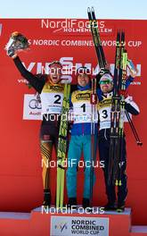 14.03.2015, Oslo, Norway (NOR): Johannes Rydzek (GER), Akito Watabe (JPN), Alessandro Pittin (ITA), (l-r) - FIS world cup nordic combined, individual gundersen HS134/10km, Oslo (NOR). www.nordicfocus.com. © Felgenhauer/NordicFocus. Every downloaded picture is fee-liable.