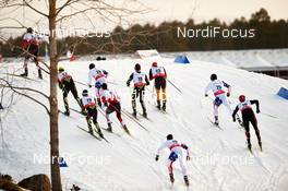 20.02.2015, Falun, Sweden (SWE): Philipp Orter (AUT), Sebastien Lacroix (FRA), Maxime Laheurte (FRA), Bryan Fletcher (USA), Bernhard Gruber (AUT), Francois Braud (FRA), Fabian Riessle (GER), Ben Berend (USA), Taylor Fletcher (USA), Tim Hug (SUI), (l-r)  - FIS nordic world ski championships, nordic combined, individual gundersen HS100/10km, Falun (SWE). www.nordicfocus.com. © NordicFocus. Every downloaded picture is fee-liable.